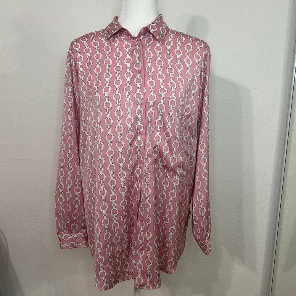 Zara Pink Long Sleeve Chain Pattern Satin Button Down Blouse Top size m